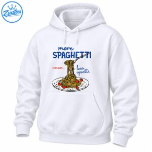 More Spaghetti Less Upsetti shirt design with blue lettering, golden spaghetti on a fork, and red tomatoes on a plate