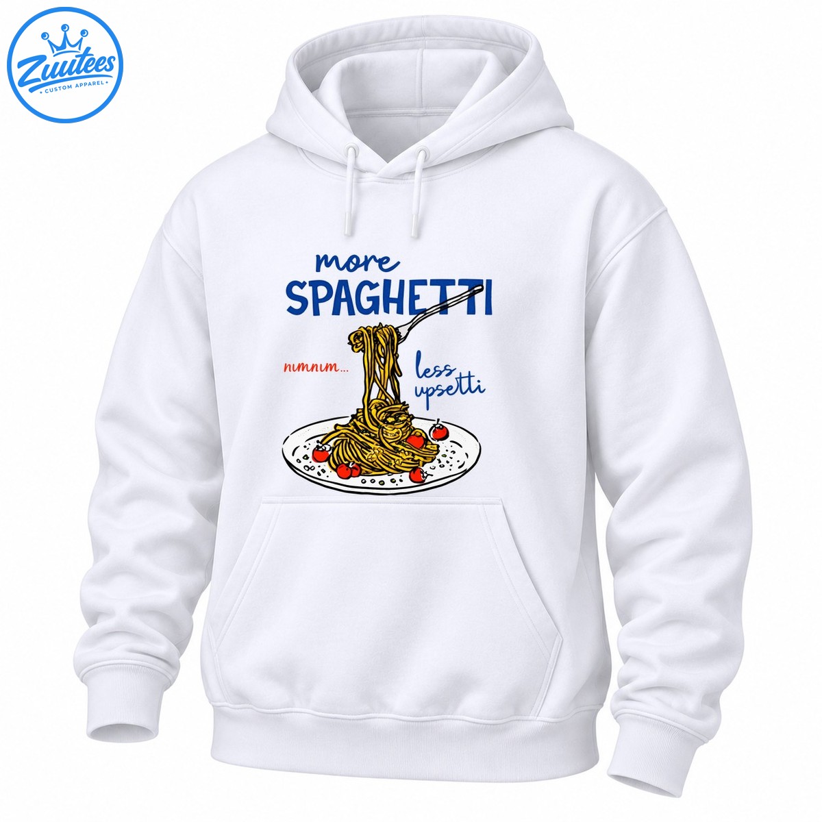 More Spaghetti Less Upsetti shirt design with blue lettering, golden spaghetti on a fork, and red tomatoes on a plate More Spaghetti Less Upsetti shirt design with blue lettering, golden spaghetti on a fork, and red tomatoes on a plate