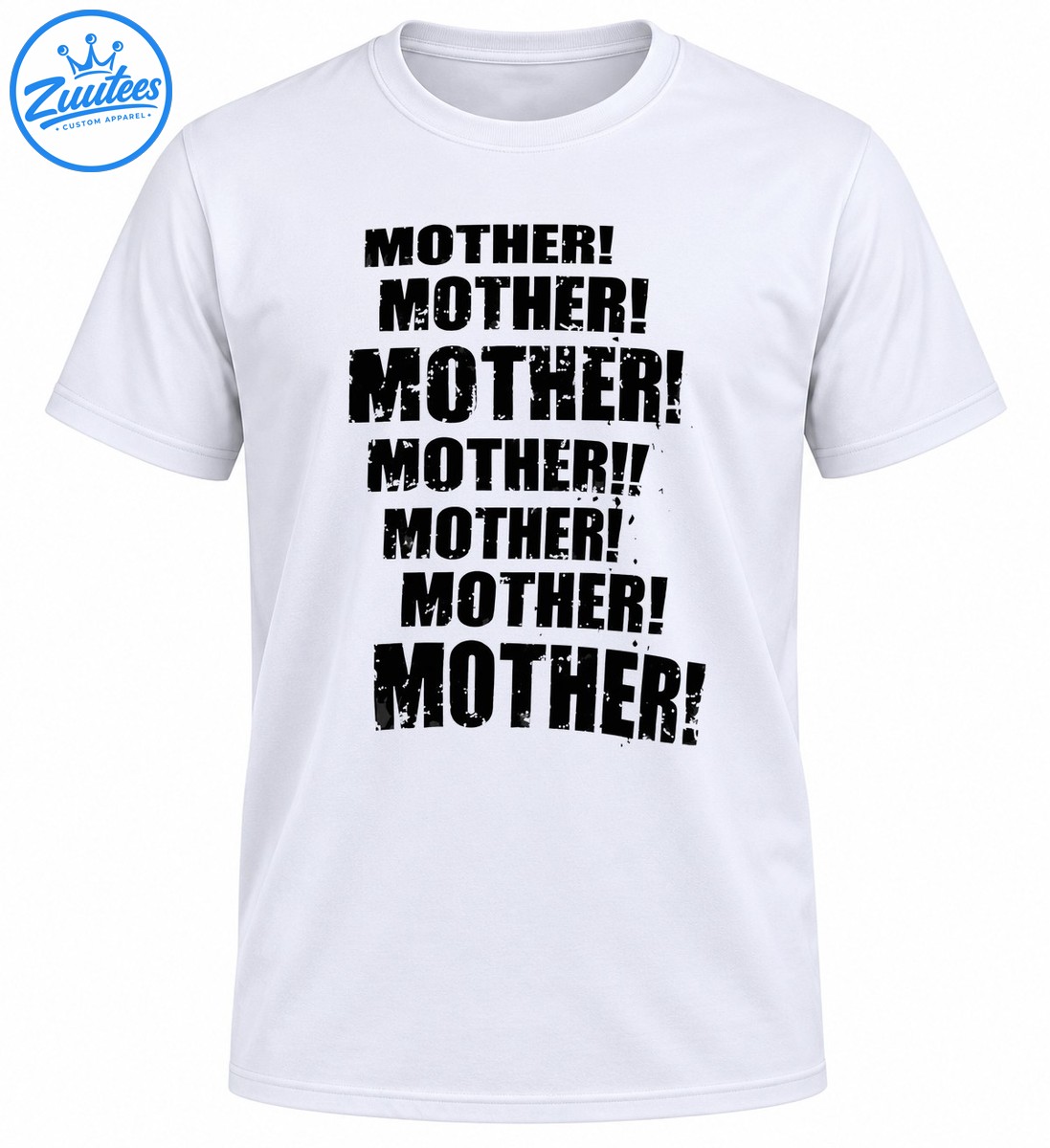 Black distressed typography reading MOTHER! repeated in bold uppercase lettering on a light shirt. Black distressed typography reading MOTHER! repeated in bold uppercase lettering on a light shirt.