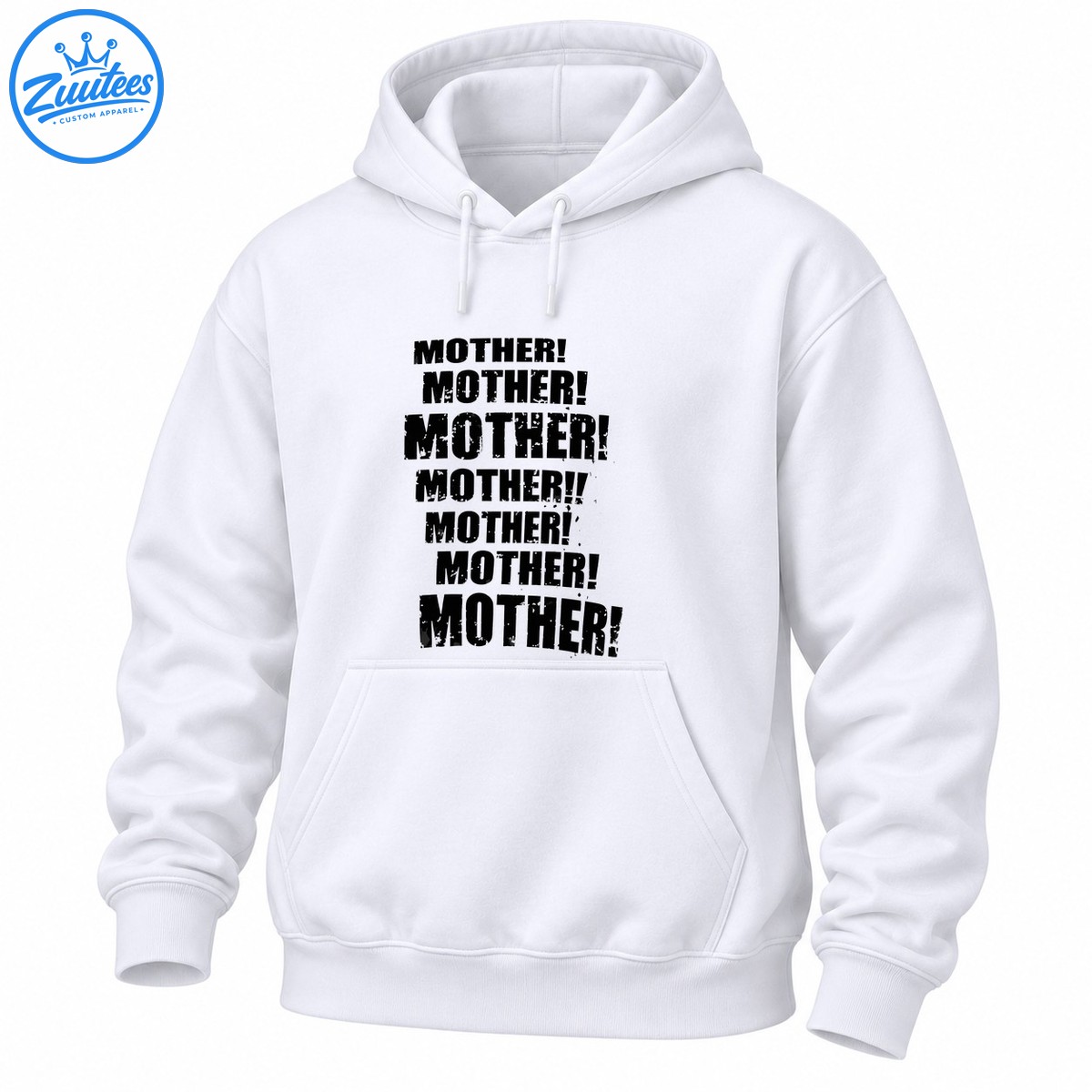Black distressed typography reading MOTHER! repeated in bold uppercase lettering on a light shirt. Black distressed typography reading MOTHER! repeated in bold uppercase lettering on a light shirt.