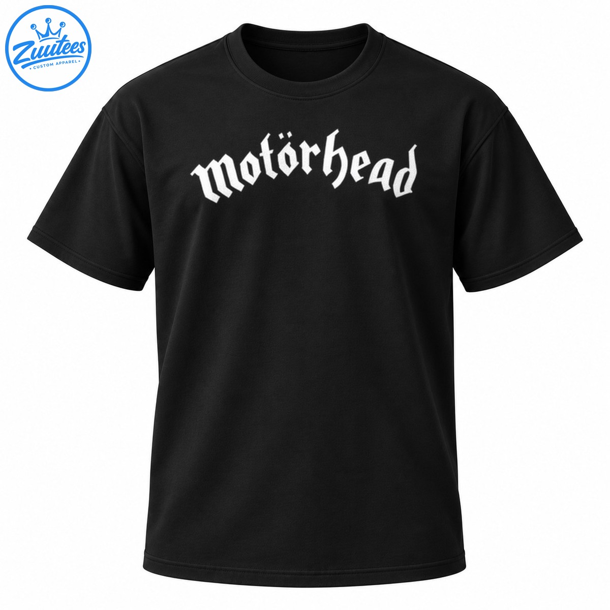 White gothic Motörhead logo printed on the upper chest of a black T shirt White gothic Motörhead logo printed on the upper chest of a black T-shirt