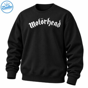 White gothic Motörhead logo printed on the upper chest of a black T-shirt