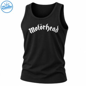 White gothic Motörhead logo printed on the upper chest of a black T-shirt
