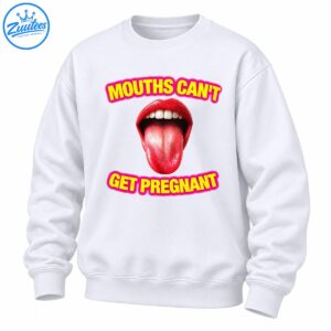 Mouths Can't Get Pregnant graphic with glossy red lips, tongue out, and bold yellow lettering outlined in hot pink