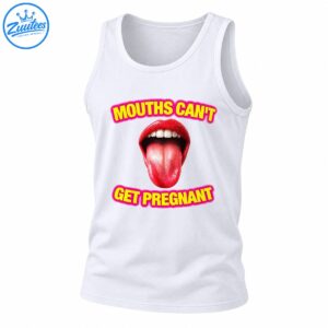 Mouths Can't Get Pregnant graphic with glossy red lips, tongue out, and bold yellow lettering outlined in hot pink