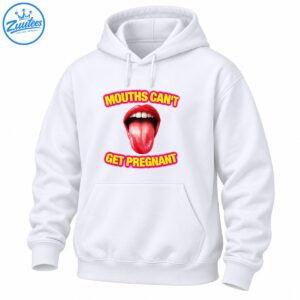Mouths Can't Get Pregnant graphic with glossy red lips, tongue out, and bold yellow lettering outlined in hot pink