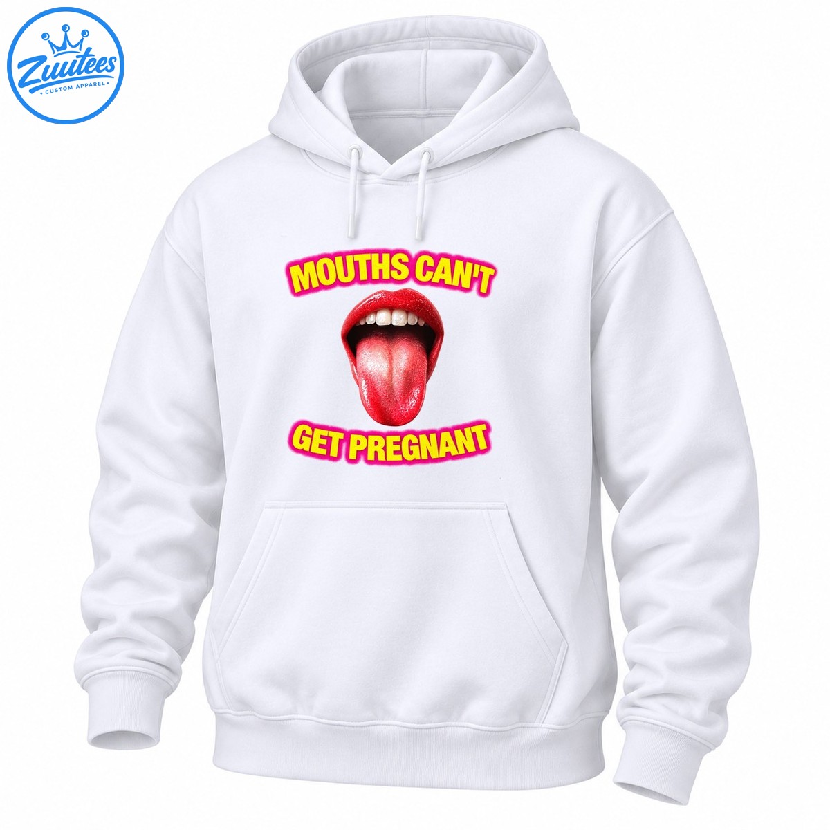 Mouths Can't Get Pregnant graphic with glossy red lips, tongue out, and bold yellow lettering outlined in hot pink Mouths Can't Get Pregnant graphic with glossy red lips, tongue out, and bold yellow lettering outlined in hot pink