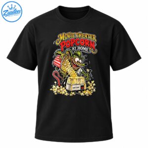 Retro green rat monster spilling popcorn into a hot-air popcorn machine beneath Movie Theater Popcorn At Home lettering