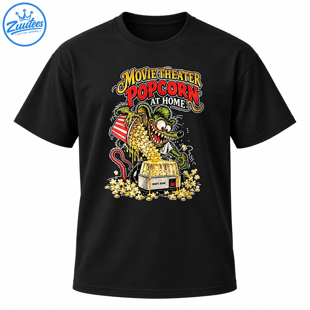Retro green rat monster spilling popcorn into a hot air popcorn machine beneath Movie Theater Popcorn At Home lettering Retro green rat monster spilling popcorn into a hot-air popcorn machine beneath Movie Theater Popcorn At Home lettering
