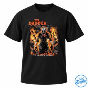 Mr. Danger Obliteration artwork shirt featuring a masked figure, distressed gothic lettering, and vivid orange flames.