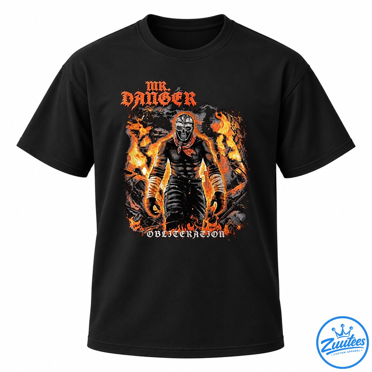Mr. Danger Obliteration Don’t Look Back Artwork Shirt Mr. Danger Obliteration artwork shirt featuring a masked figure, distressed gothic lettering, and vivid orange flames.