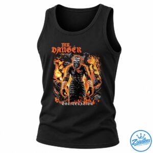 Mr. Danger Obliteration artwork shirt featuring a masked figure, distressed gothic lettering, and vivid orange flames.