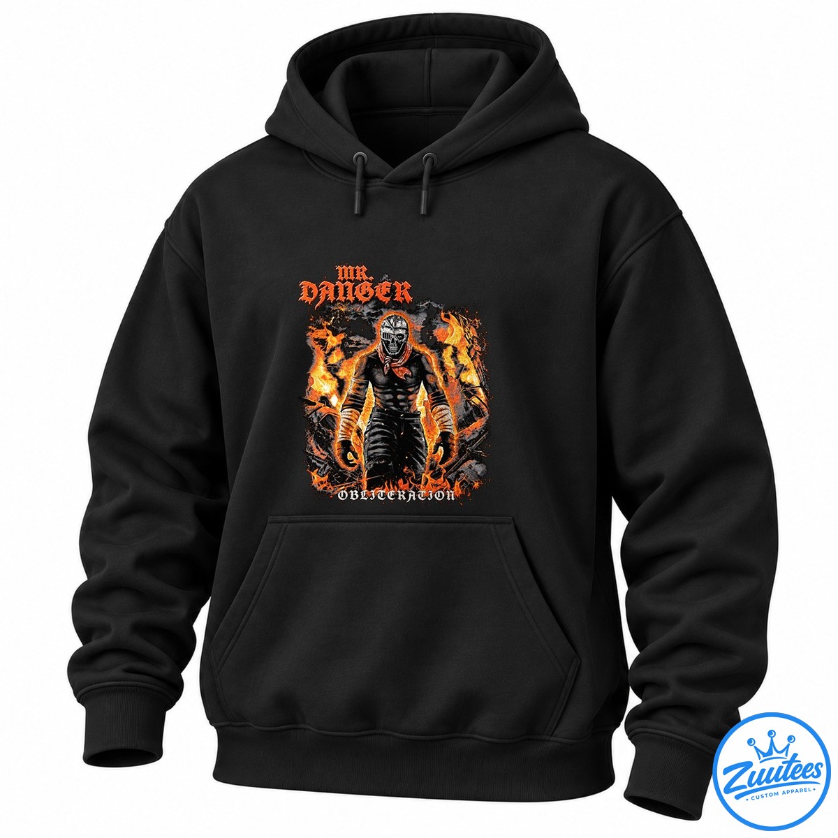 Mr. Danger Obliteration Don’t Look Back Artwork Shirt Mr. Danger Obliteration artwork shirt featuring a masked figure, distressed gothic lettering, and vivid orange flames.
