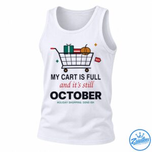 Funny October shopping shirt design with a full cart, wrapped presents, pumpkin, sale tag, and holiday shopping text.