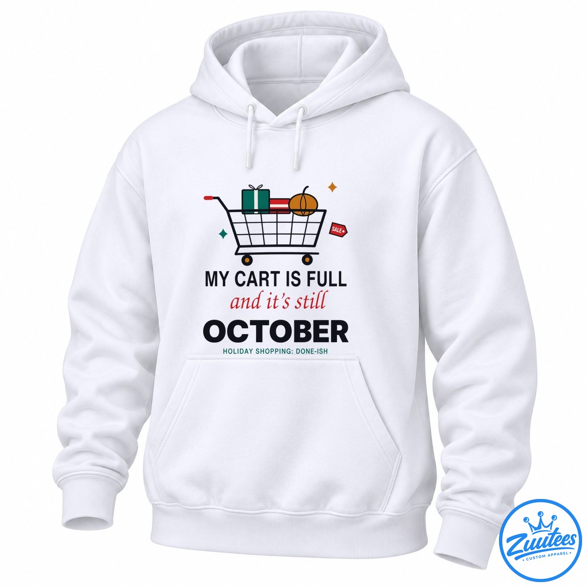 Funny October shopping shirt design with a full cart, wrapped presents, pumpkin, sale tag, and holiday shopping text. Funny October shopping shirt design with a full cart, wrapped presents, pumpkin, sale tag, and holiday shopping text.
