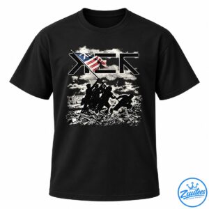 Distressed vintage graphic with bold black lettering, a waving American flag, and soldier silhouettes amid smoky ruins.