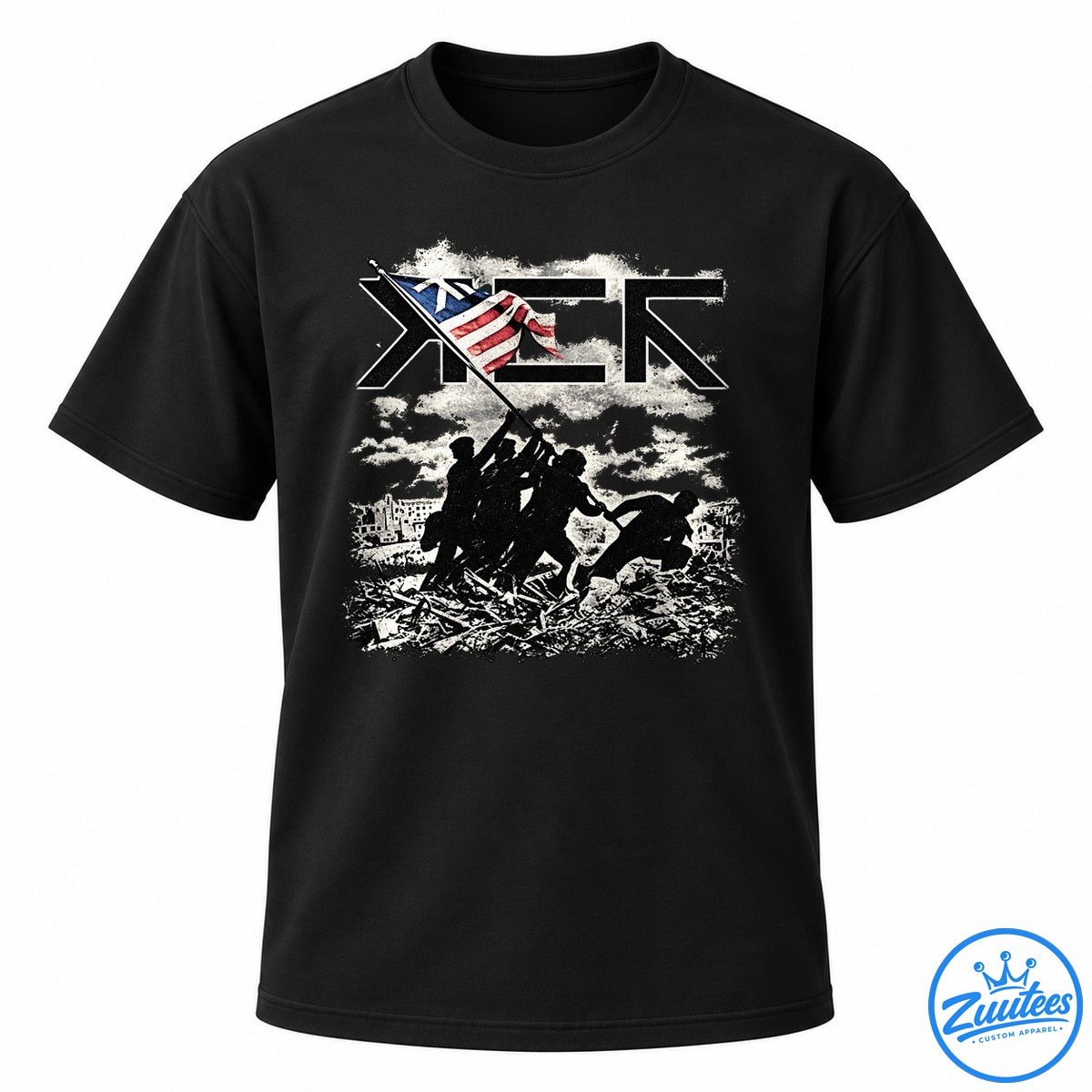 My Chemical Romance Los Angeles Hollywood Bowl America Army Vintage Shirt Distressed vintage graphic with bold black lettering, a waving American flag, and soldier silhouettes amid smoky ruins.