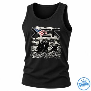 Distressed vintage graphic with bold black lettering, a waving American flag, and soldier silhouettes amid smoky ruins.