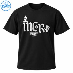 Distressed white gothic lettering with a candle, symbolic open hand, and semicircular sunburst graphic on a dark shirt