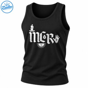 Distressed white gothic lettering with a candle, symbolic open hand, and semicircular sunburst graphic on a dark shirt