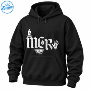 Distressed white gothic lettering with a candle, symbolic open hand, and semicircular sunburst graphic on a dark shirt