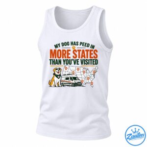 Funny dog travel shirt design with a sunglasses-wearing dog, travel van, US map, paw print markers, and bold orange and green text.