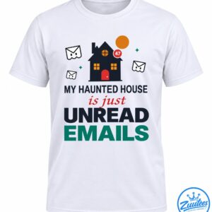 Haunted house with ghostly email envelopes, orange moon, 47 notification badge, and unread emails Halloween slogan