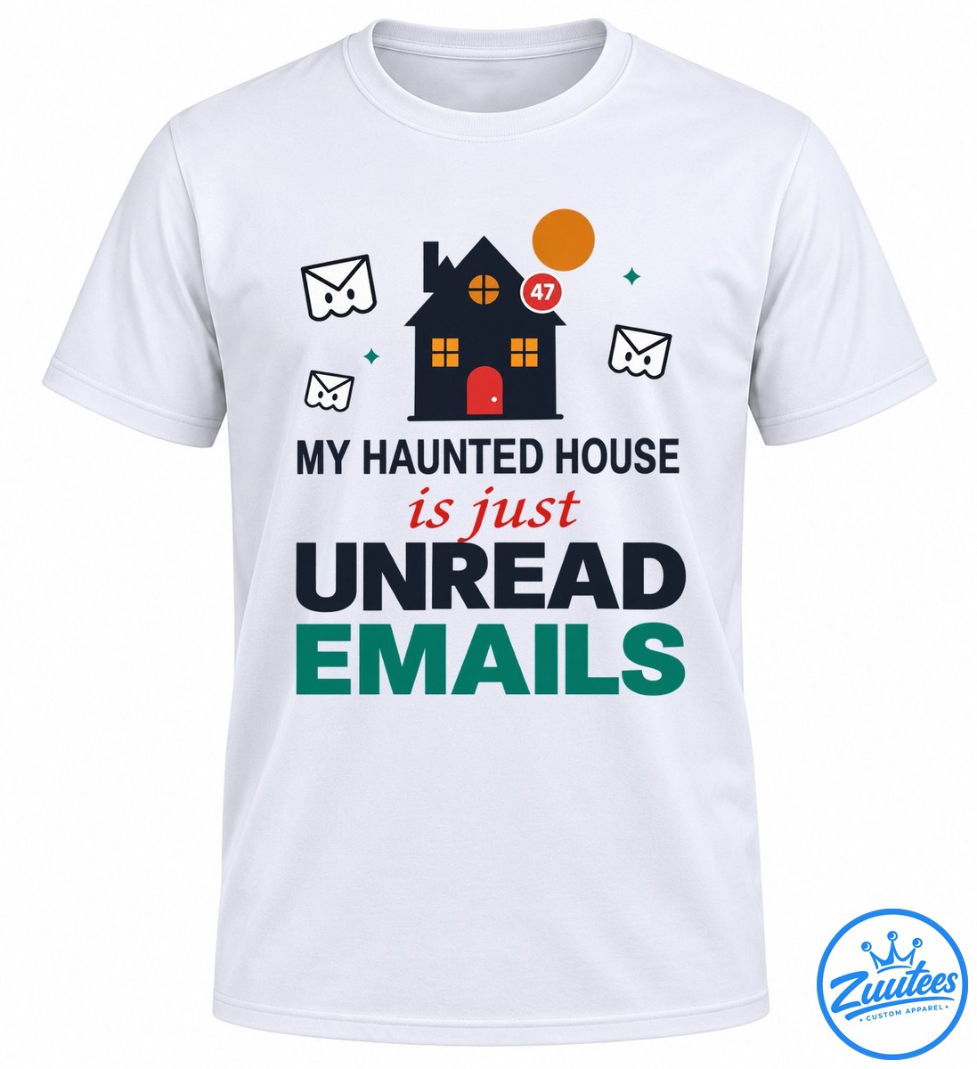 Haunted house with ghostly email envelopes, orange moon, 47 notification badge, and unread emails Halloween slogan Haunted house with ghostly email envelopes, orange moon, 47 notification badge, and unread emails Halloween slogan