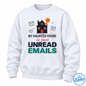 Haunted house with ghostly email envelopes, orange moon, 47 notification badge, and unread emails Halloween slogan