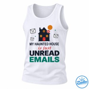 Haunted house with ghostly email envelopes, orange moon, 47 notification badge, and unread emails Halloween slogan