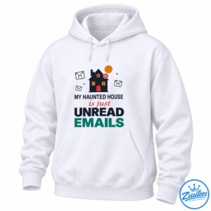 Haunted house with ghostly email envelopes, orange moon, 47 notification badge, and unread emails Halloween slogan