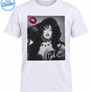Vintage black-and-white glamour portrait with voluminous dark hair, sparkling jewelry, magenta lipstick kiss, and white signature