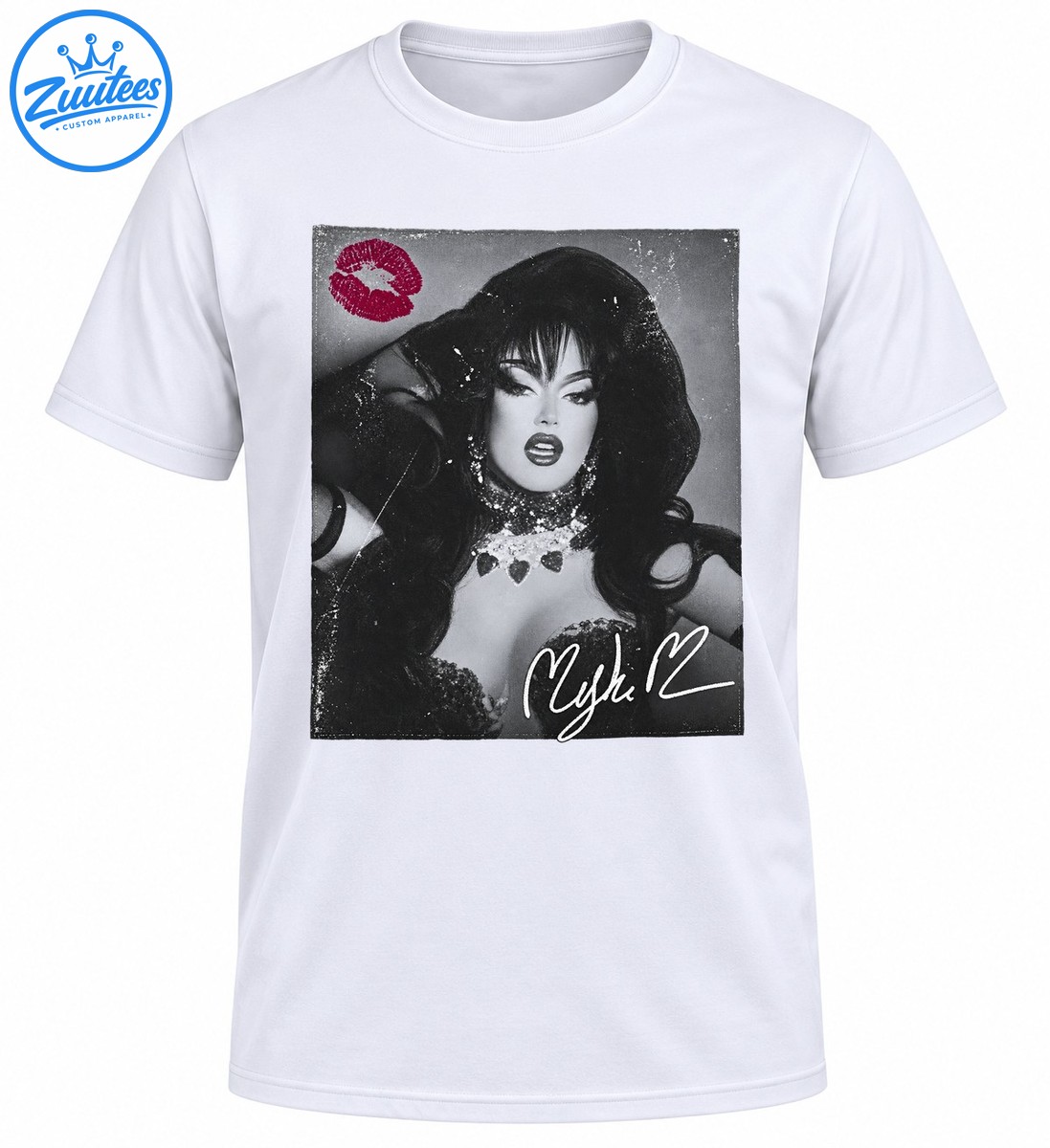 Vintage black and white glamour portrait with voluminous dark hair, sparkling jewelry, magenta lipstick kiss, and white signature Vintage black-and-white glamour portrait with voluminous dark hair, sparkling jewelry, magenta lipstick kiss, and white signature