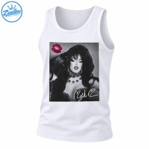 Vintage black-and-white glamour portrait with voluminous dark hair, sparkling jewelry, magenta lipstick kiss, and white signature