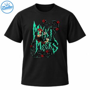 Gothic graphic with jagged teal lettering, red roses, thorny black vines, and a red-haired pin-up woman