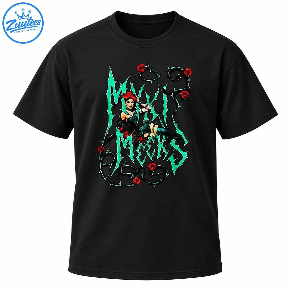 Gothic graphic with jagged teal lettering, red roses, thorny black vines, and a red haired pin up woman Gothic graphic with jagged teal lettering, red roses, thorny black vines, and a red-haired pin-up woman