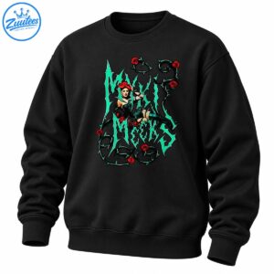 Gothic graphic with jagged teal lettering, red roses, thorny black vines, and a red-haired pin-up woman