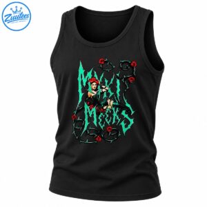 Gothic graphic with jagged teal lettering, red roses, thorny black vines, and a red-haired pin-up woman
