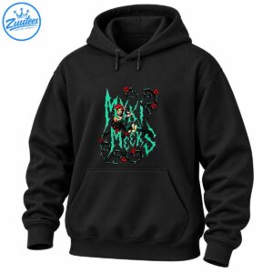 Gothic graphic with jagged teal lettering, red roses, thorny black vines, and a red-haired pin-up woman