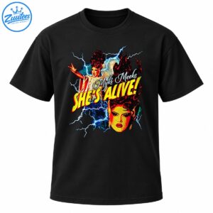 Myki Meeks She's Alive graphic with two dramatic portraits, blue lightning, and distressed yellow lettering