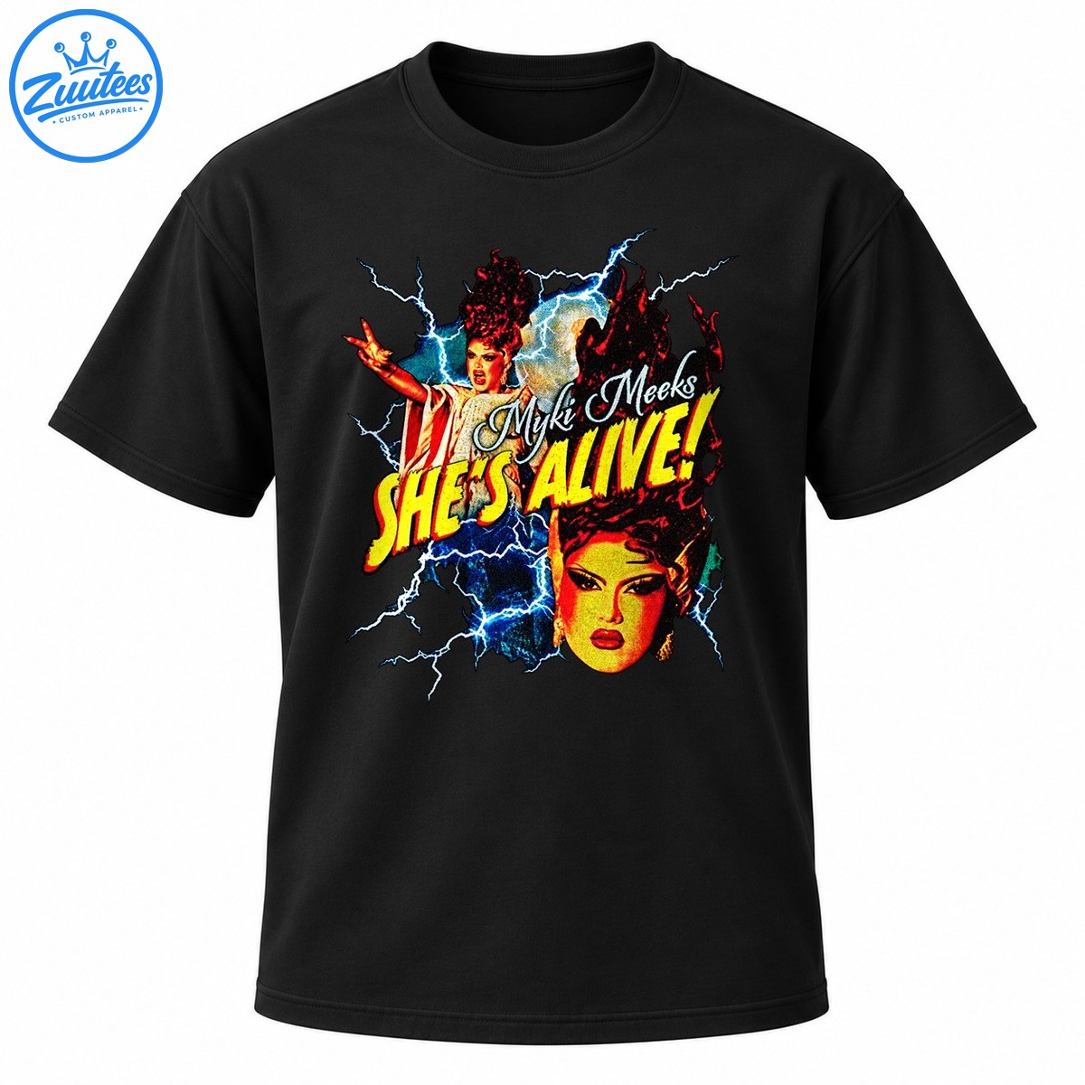 Myki Meeks She's Alive graphic with two dramatic portraits, blue lightning, and distressed yellow lettering Myki Meeks She's Alive graphic with two dramatic portraits, blue lightning, and distressed yellow lettering