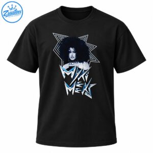 Myki Meeks graphic shirt design with a dramatic portrait, angular starbursts, and distressed white and icy blue lettering