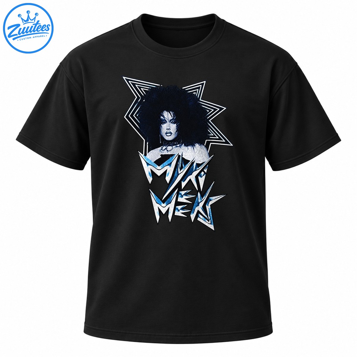 Myki Meeks graphic shirt design with a dramatic portrait, angular starbursts, and distressed white and icy blue lettering Myki Meeks graphic shirt design with a dramatic portrait, angular starbursts, and distressed white and icy blue lettering