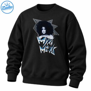 Myki Meeks graphic shirt design with a dramatic portrait, angular starbursts, and distressed white and icy blue lettering