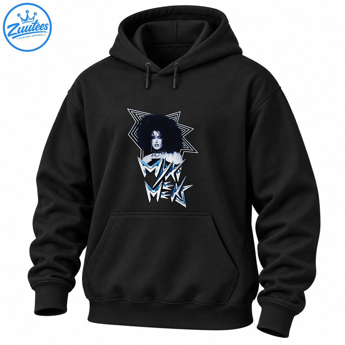 Myki Meeks graphic shirt design with a dramatic portrait, angular starbursts, and distressed white and icy blue lettering Myki Meeks graphic shirt design with a dramatic portrait, angular starbursts, and distressed white and icy blue lettering