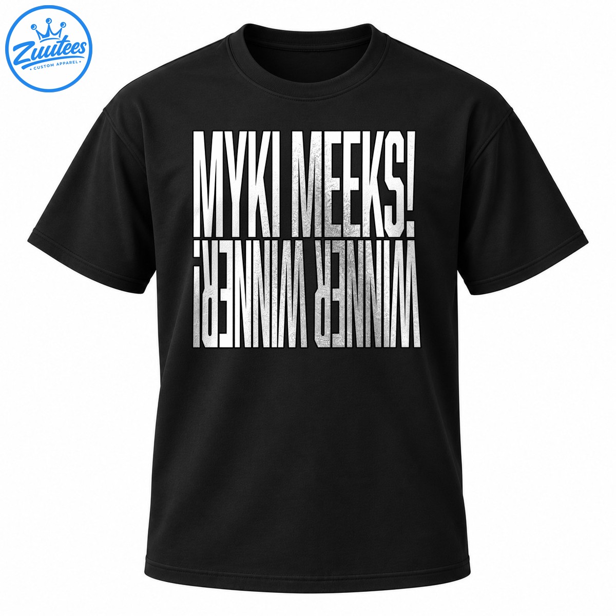 Myki Meeks graphic design with distressed white uppercase lettering and inverted mirrored text below Myki Meeks graphic design with distressed white uppercase lettering and inverted mirrored text below
