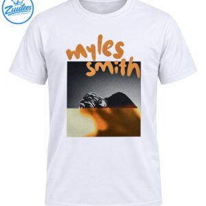 Myles Smith graphic shirt design with tan handwritten lettering, a monochrome portrait of a man with braids, and warm vintage colors