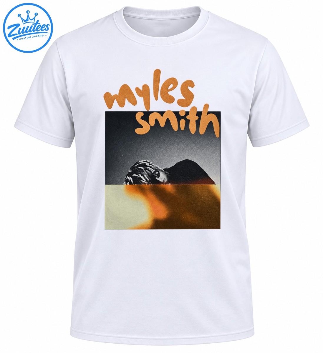 Myles Smith graphic shirt design with tan handwritten lettering, a monochrome portrait of a man with braids, and warm vintage colors Myles Smith graphic shirt design with tan handwritten lettering, a monochrome portrait of a man with braids, and warm vintage colors