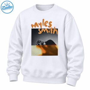 Myles Smith graphic shirt design with tan handwritten lettering, a monochrome portrait of a man with braids, and warm vintage colors