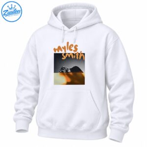 Myles Smith graphic shirt design with tan handwritten lettering, a monochrome portrait of a man with braids, and warm vintage colors